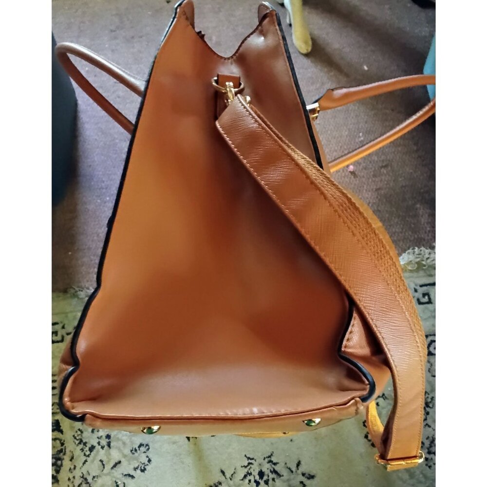 Large Brown Faux Leather Tote Bag With Dual Straps & Adjustable Shoulder Strap - Picture 5 of 10